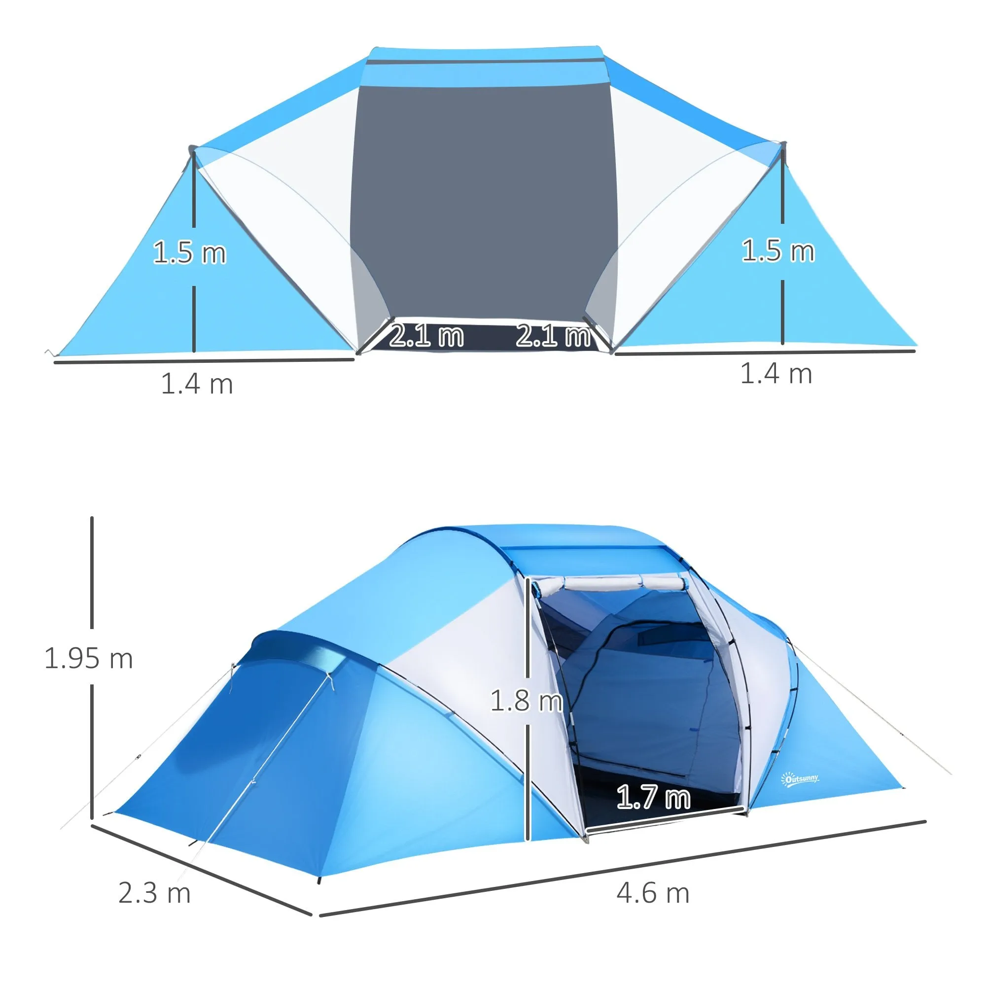 Outsunny 4-6 Man Camping Tent w/ Two Bedroom, Hiking Sun Shelter, UV Protection Tunnel Tent, Blue and White