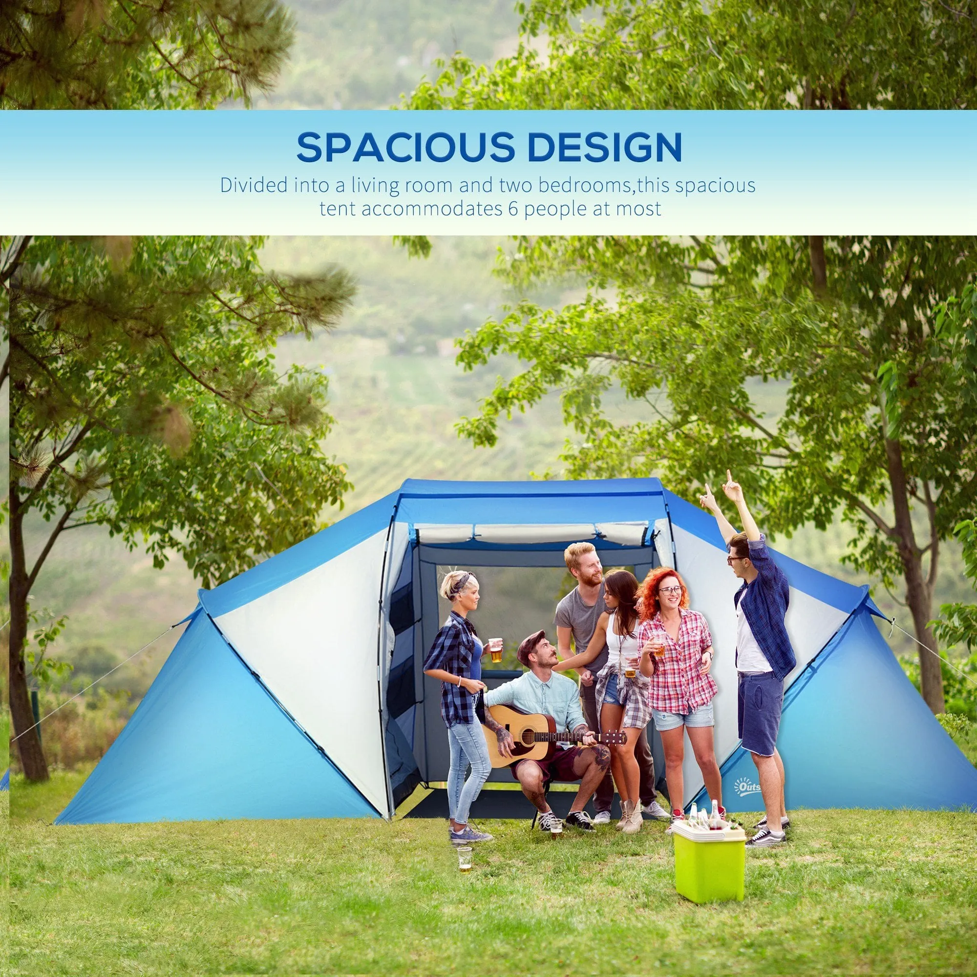 Outsunny 4-6 Man Camping Tent w/ Two Bedroom, Hiking Sun Shelter, UV Protection Tunnel Tent, Blue and White