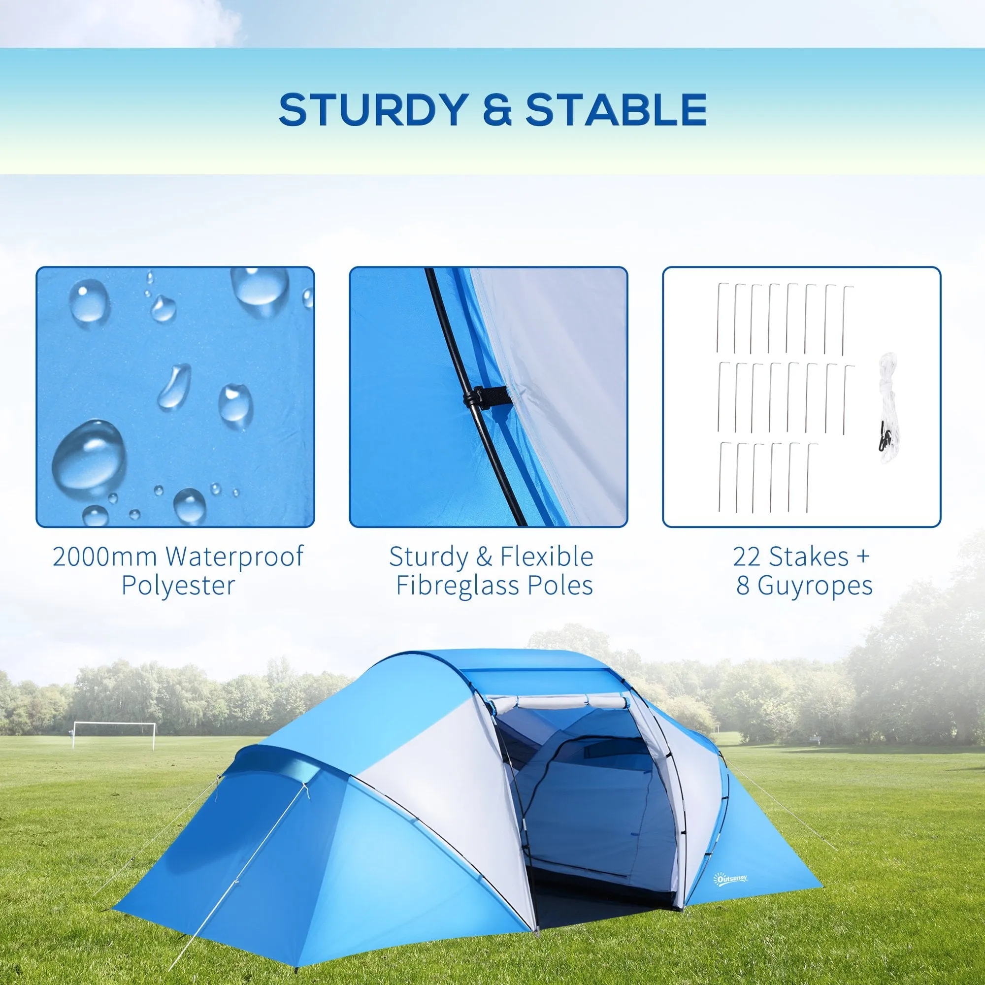 Outsunny 4-6 Man Camping Tent w/ Two Bedroom, Hiking Sun Shelter, UV Protection Tunnel Tent, Blue and White