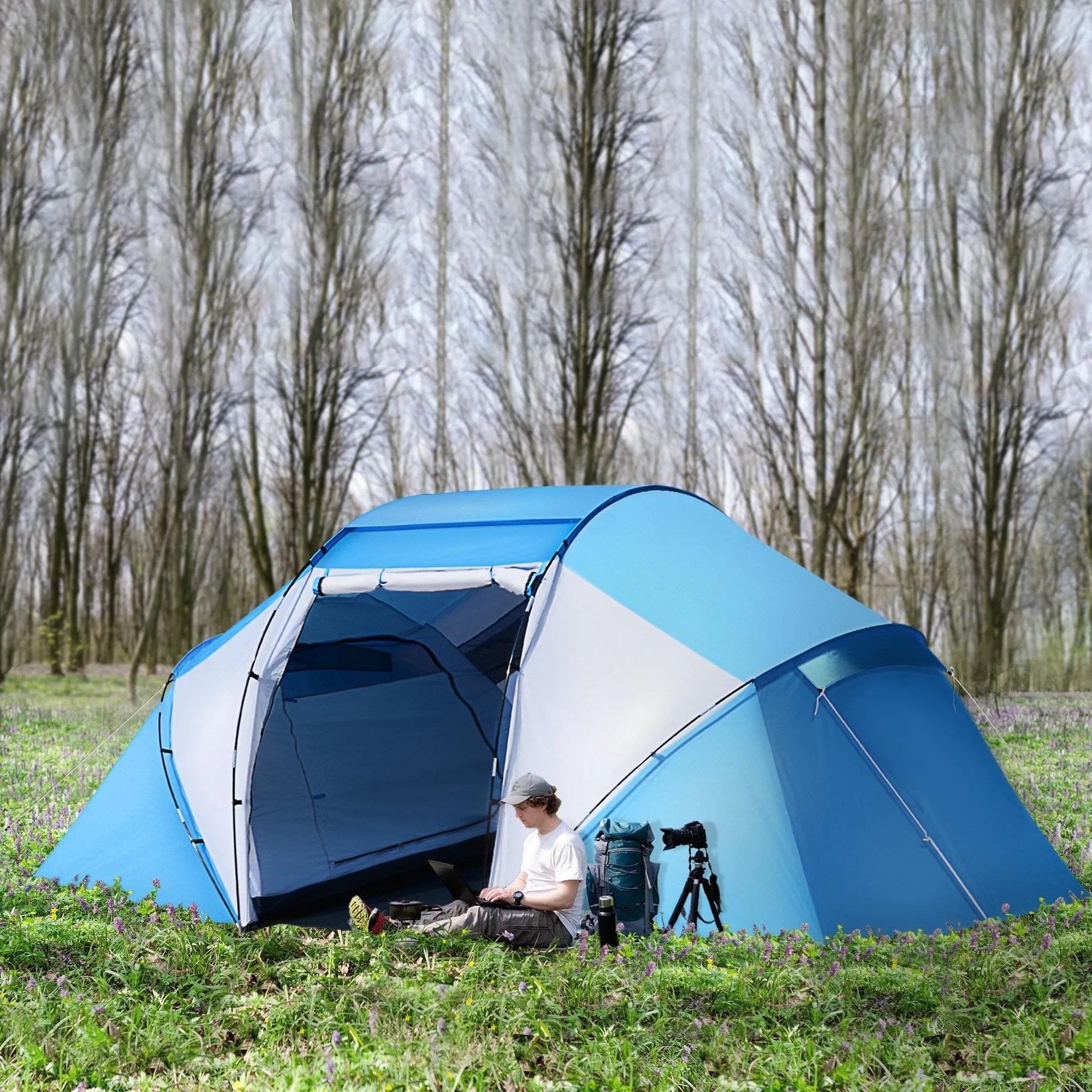 Outsunny 4-6 Man Camping Tent w/ Two Bedroom, Hiking Sun Shelter, UV Protection Tunnel Tent, Blue and White