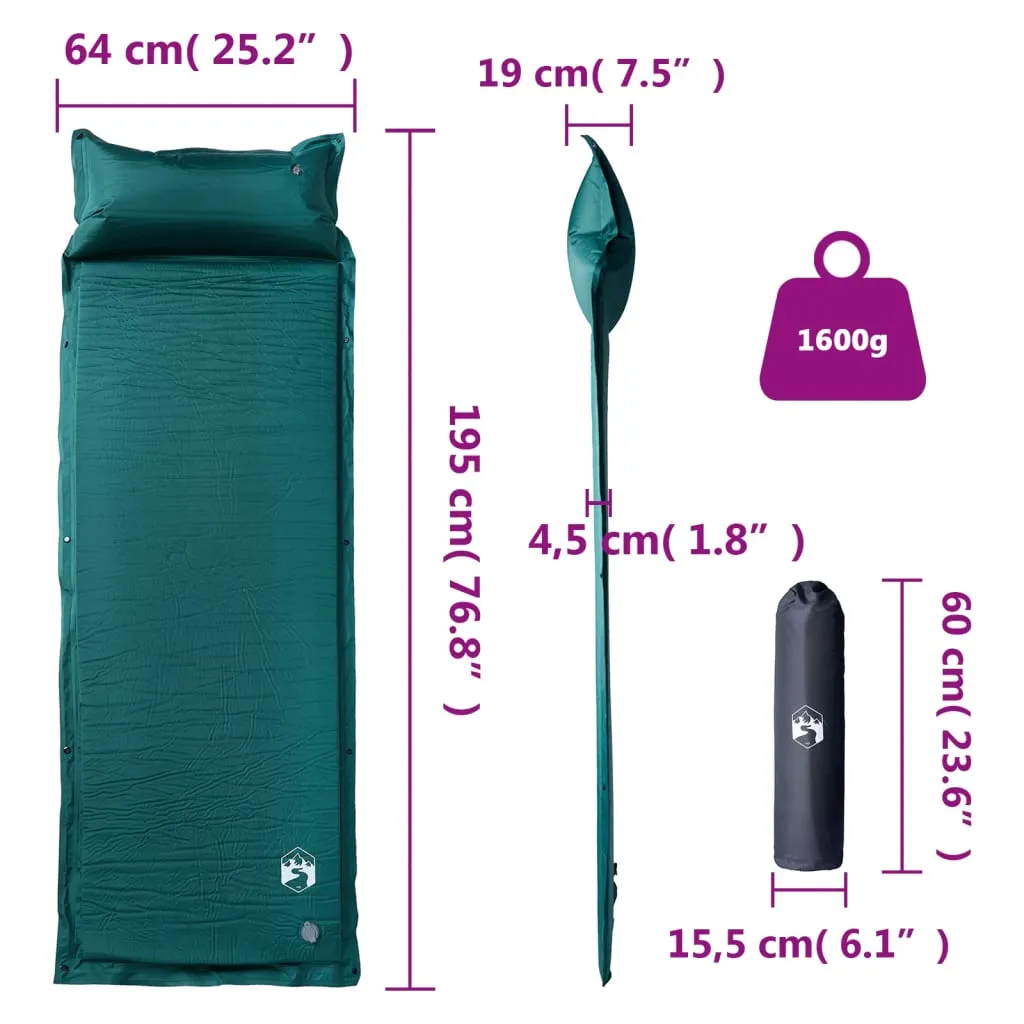 vidaXL Self Inflating Camping Mattress with Pillow 1-Person Green