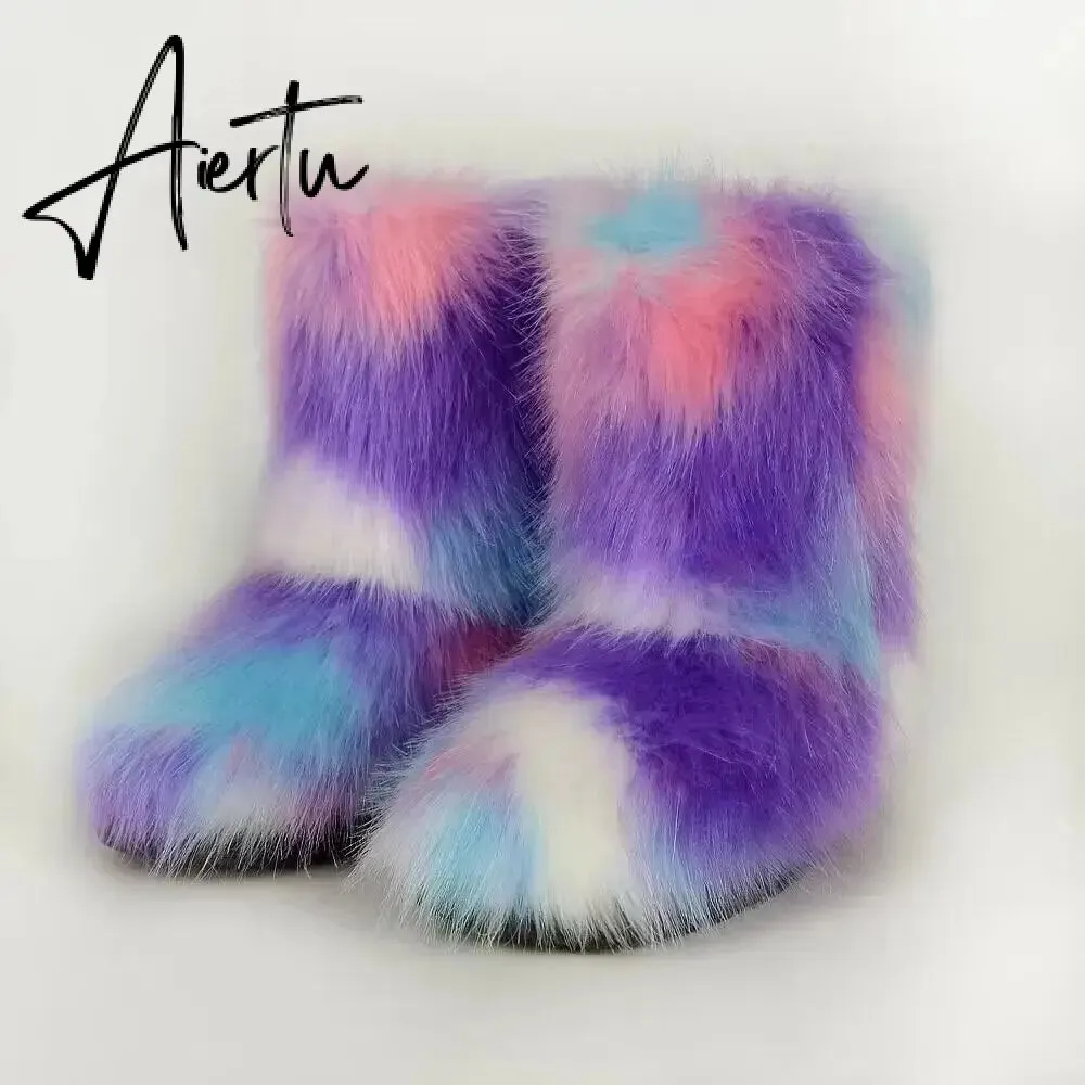 Winter Shoe Women's Winter Fluffy Faux Fox Fur Boots Woman Plush Warm Snow Boots Luxury Footwear Girls' Furry Fur Bottes Fashion