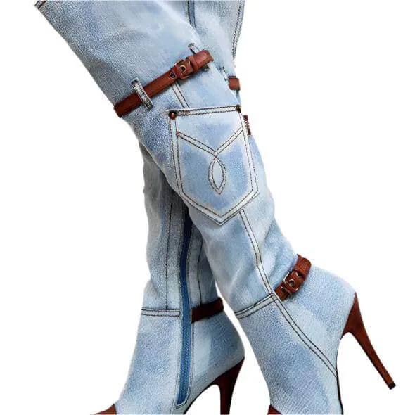 Women's Denim Plus Size Boots Stitching High Heel Knee-high Boots