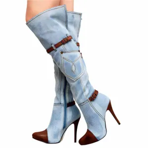 Women's Denim Plus Size Boots Stitching High Heel Knee-high Boots